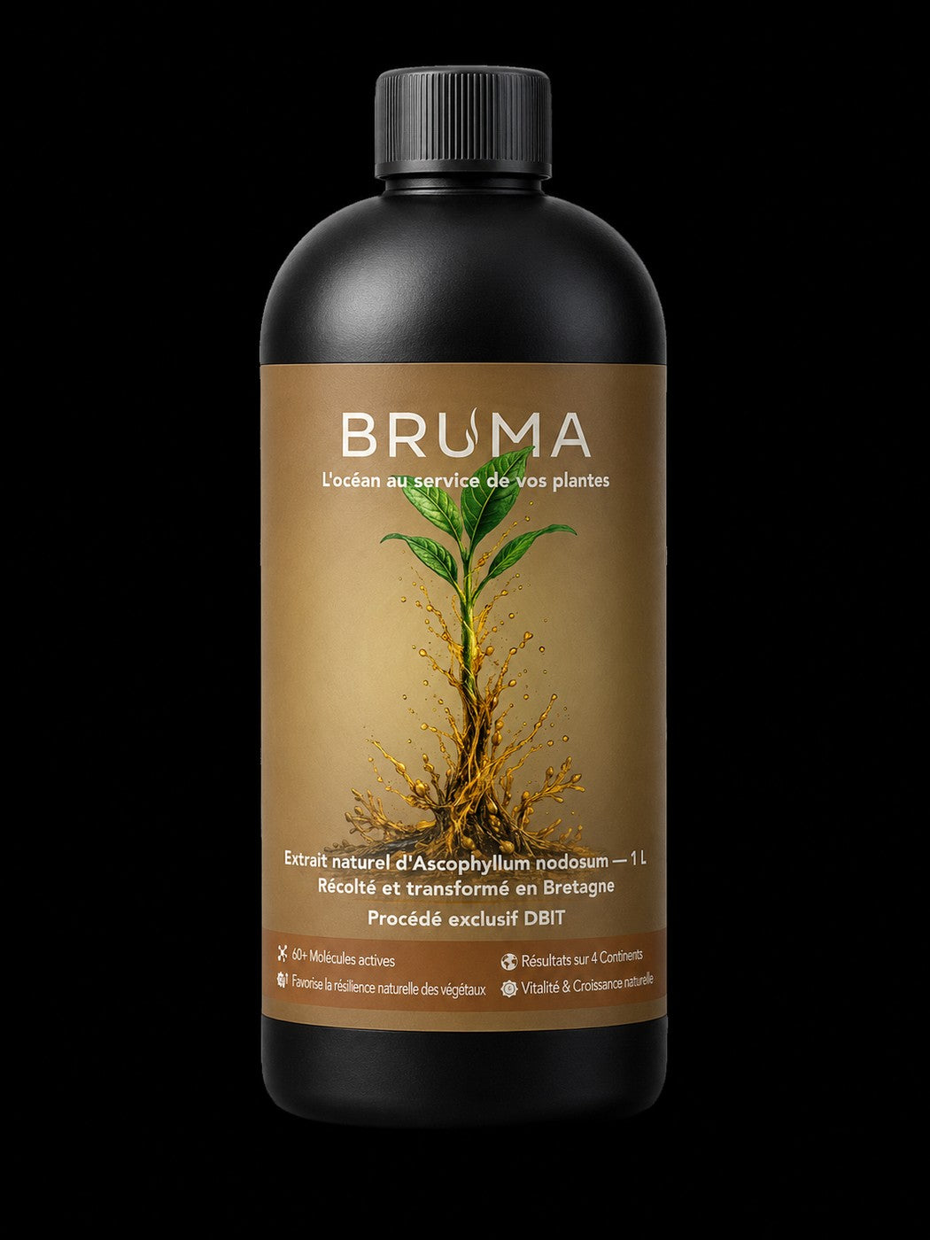 Flacon BRUMA 1L, extrait d'algue bretonne, sur fond noir