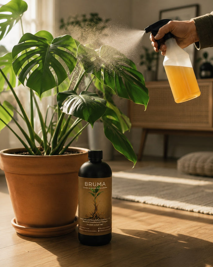 Pulvérisation sur monstera en intérieur avec Bruma